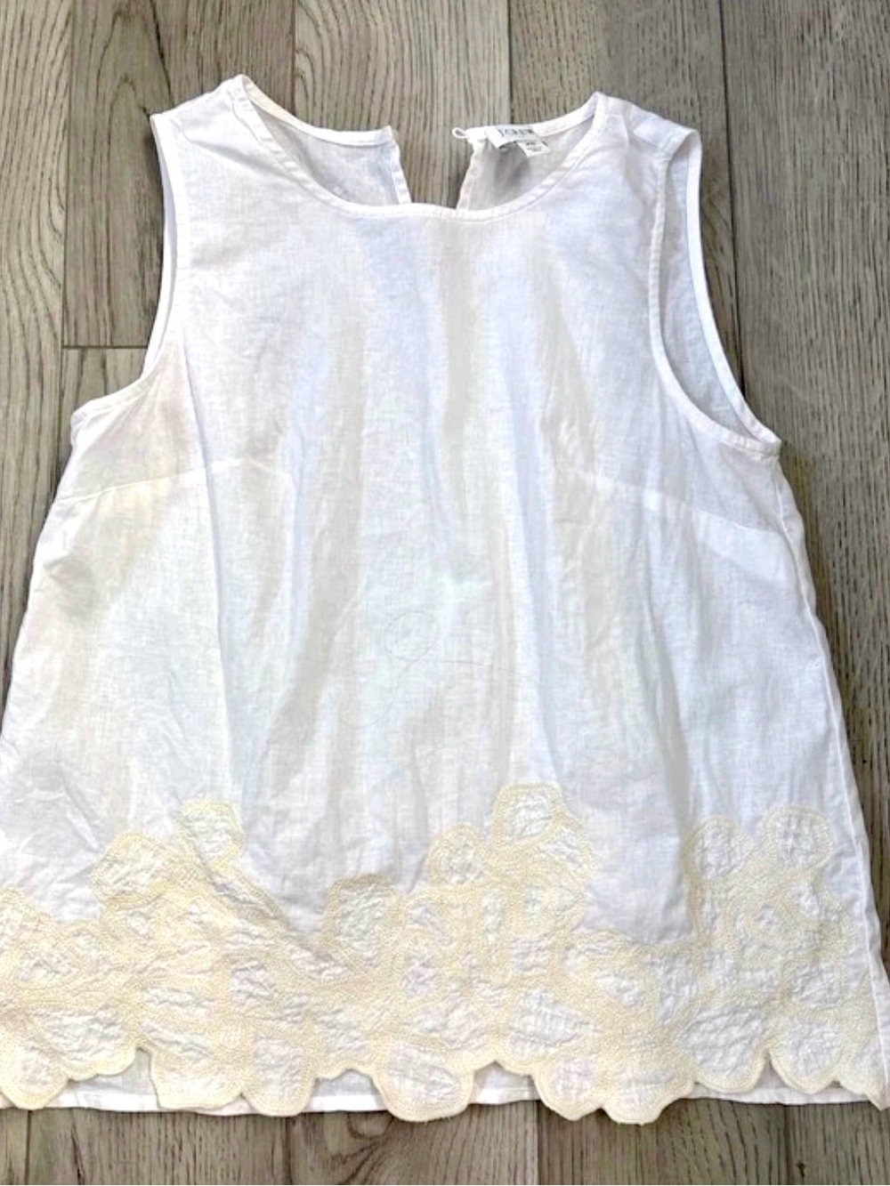 J. Crew White Linen Tank with Cream Scalloped Embroidery